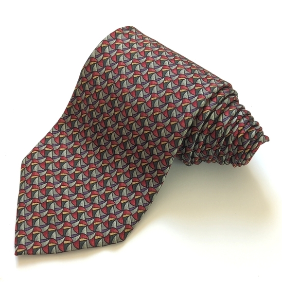 Barneys New York 90's Vintage Funky Abstract Print 100% Silk Neck Tie Green Red - Picture 1 of 11